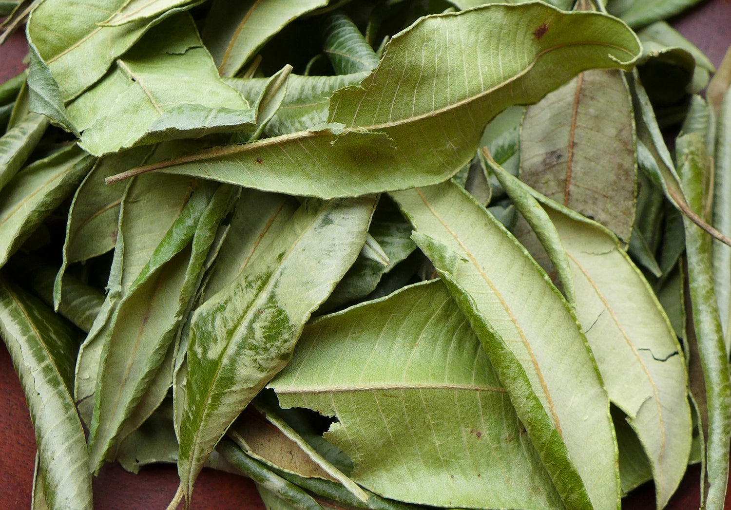 Fresh green leaves arranged on a wooden surface.